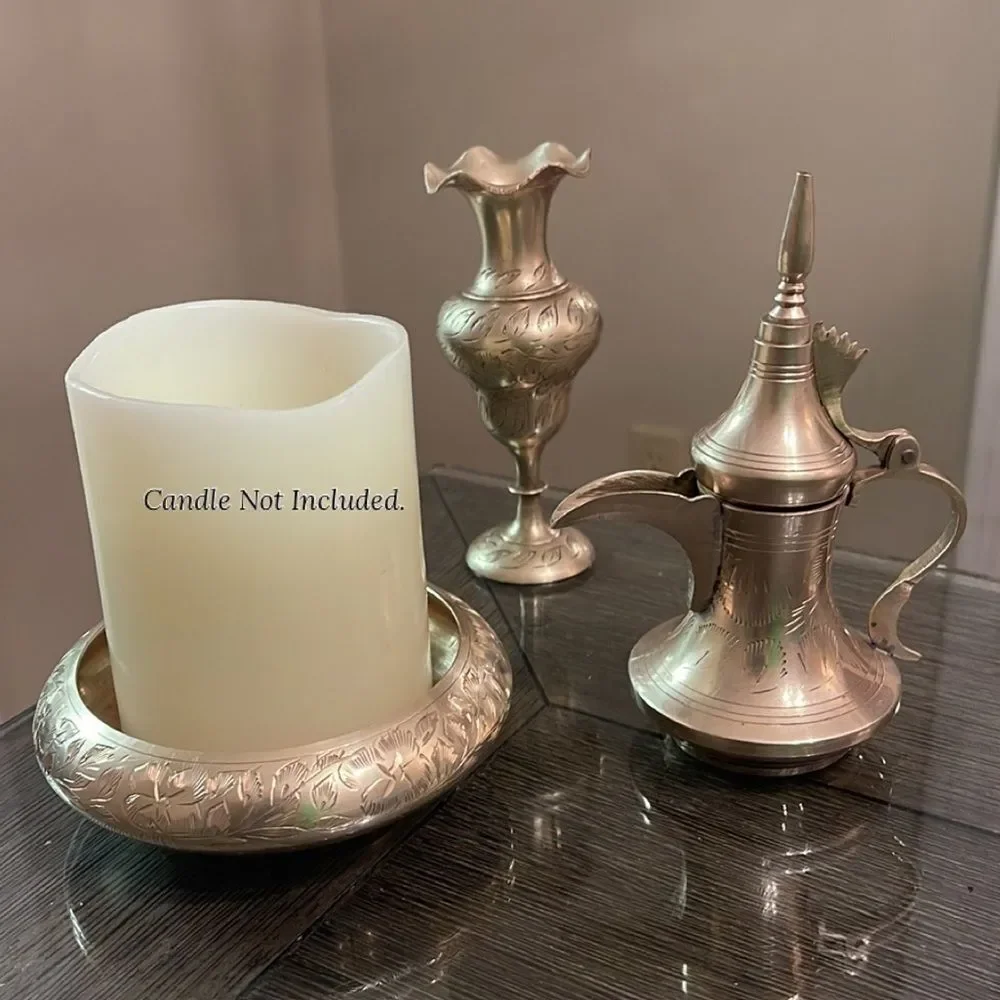 Selling a Vignette of Three Brass Pieces, Vase, Bowl, Tiny Pitcher